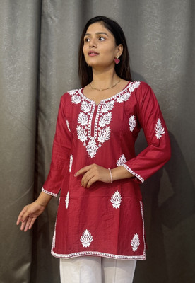 YNCREATION Casual Embroidered Women Red Top