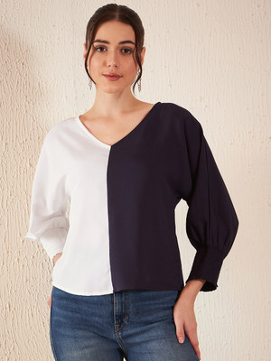 DENNISON Casual Solid Women White Top