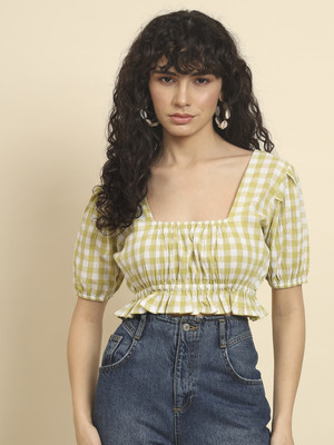TREND ARREST Casual Checkered Women White, Light Green Top