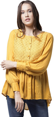 La Zoire Party Cuffed Sleeve Self Design Women Yellow Top