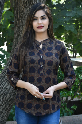 FANCIFY Casual Striped Women Brown, Blue Top