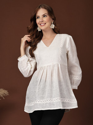 KATLINE Casual Self Design Women White Top