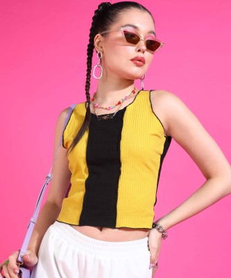 POPWINGS Casual Color Block Women Yellow Top