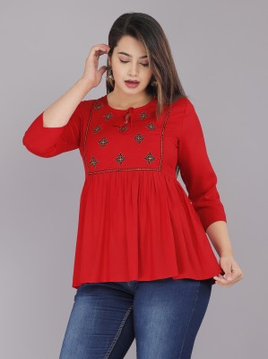 HouseOfCommon Casual Embroidered Women Red Top