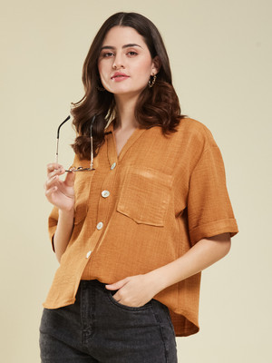 J TURRITOPSIS Casual Solid Women Brown Top