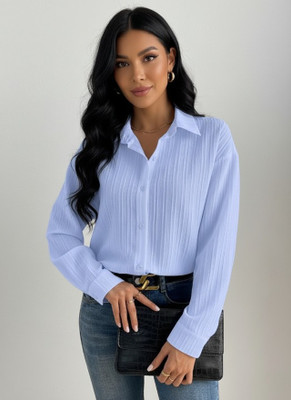Leriya Fashion Women Self Design Casual Light Blue Shirt