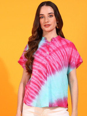 PinkTribe Casual Tie & Dye Women Light Green, Pink Top