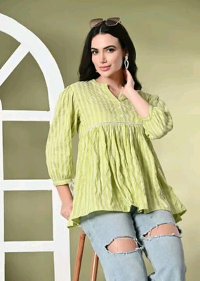 h hiphonic Casual Embroidered, Striped Women Green Top