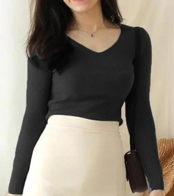 sasafaras Casual Self Design Women Black Top