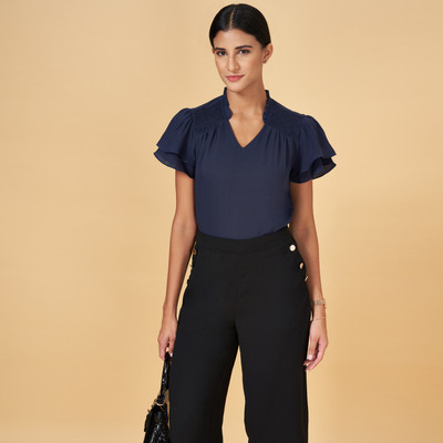 Annabelle by Pantaloons Formal Solid Women Dark Blue Top