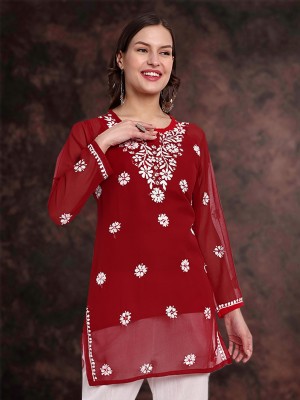 ADA Women Embroidered, Chikan Embroidery Straight Kurta(Red)