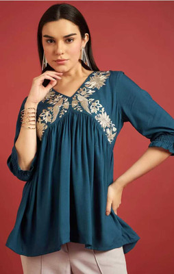 SORTHIYA GROUP Casual Embroidered Women Light Blue Top