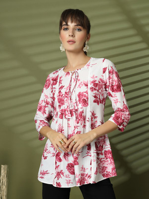 Wordope Casual Printed Women White, Pink Top