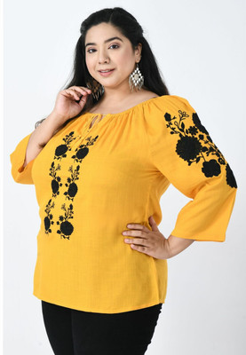 VAAMII Casual Embroidered Women Yellow Top
