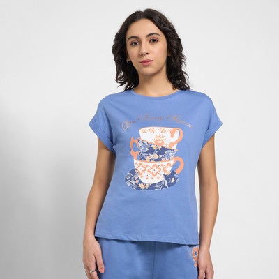 Dreamz by Pantaloons Printed Women Round Neck Blue T-Shirt