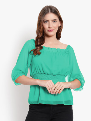ELVORA Casual Solid Women Green Top