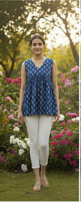 Lelacreation Casual Floral Print Women Blue Top