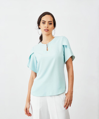 SALT ATTIRE Casual Solid Women Light Blue Top