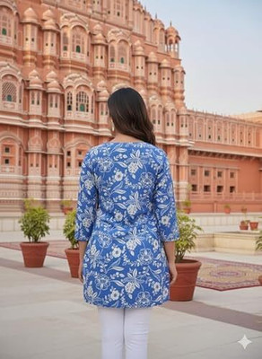 NUVELL Casual Floral Print Women Blue Top