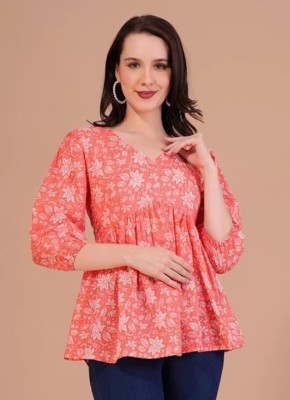 GURUDM Casual Floral Print Women Pink Top