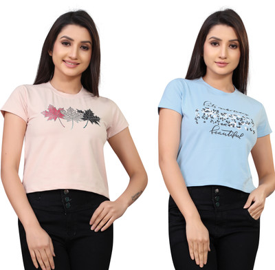 Tween Trends Casual Printed Women Light Blue, Orange Top