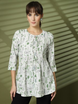 Wordope Casual Printed Women White, Green Top