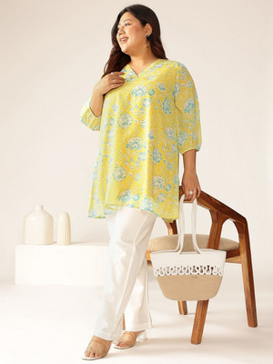 Janasya Casual Floral Print Women Yellow Top