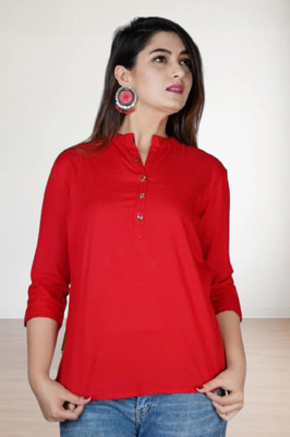 Moda Casa Casual Solid Women Red Top