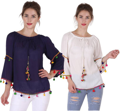 Emeros Casual Full Sleeve Self Design Women White, Blue Top