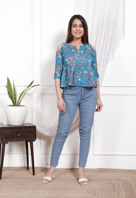 AAVRITTIQUEENS Casual Printed Women Light Blue Top