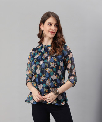 Janasya Casual Printed Women Blue Top