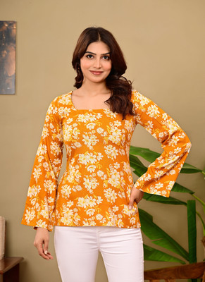 govind ji Casual Floral Print Women Yellow Top