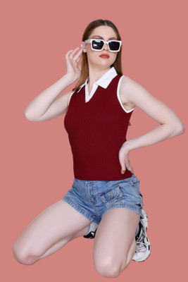 White Moon Casual Solid Women Maroon Top