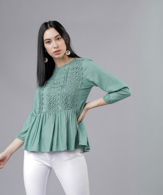 Tokyo Talkies Casual Regular Sleeve Embroidered Women Green Top