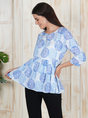 JINVARAM Casual Printed Women Blue, White, Light Blue Top