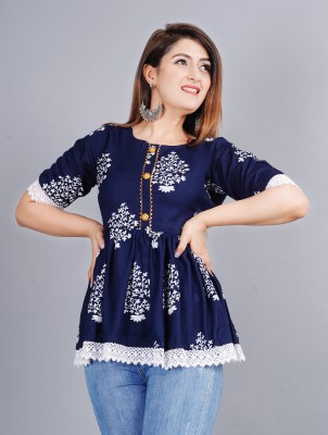 Sammarsa Casual Self Design Women White, Dark Blue Top