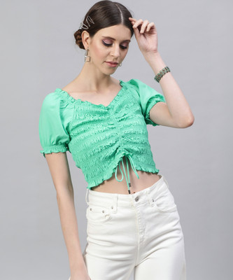 STREET9 Casual Short Sleeve Self Design Women Blue Top