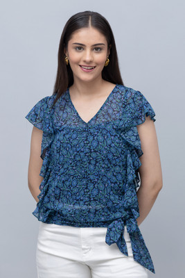 PURYS Casual Floral Print Women Blue Top