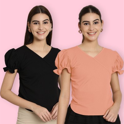 Tromko Casual Solid Women Black, Orange Top