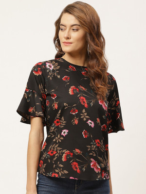 One Femme Party 3/4 Sleeve Floral Print Women Black Top