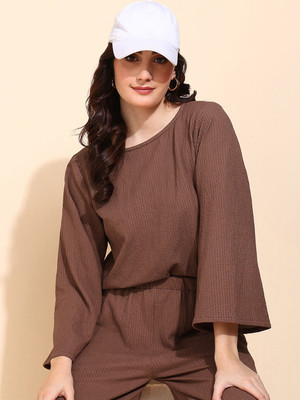 Dressberry Casual 3/4 Sleeve Solid Women Brown Top