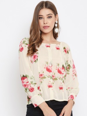 PURYS Casual Cuffed Sleeve Printed Women White, Pink Top
