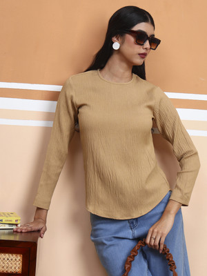 fithub Casual Solid Women Beige Top
