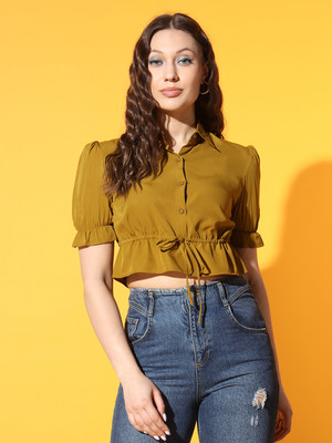 Moda Rapido Party Solid Women Yellow Top