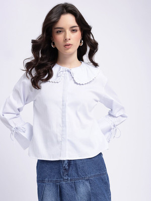Glitchez Casual Striped Women Light Blue Top