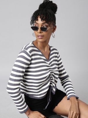 Showoff Casual Striped Women Grey Top