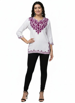 uncommon market Casual Embroidered, Ethnic Motifs, Floral Print Women White Top