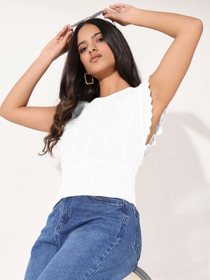 SHOWOFFFF Casual Self Design Women White Top