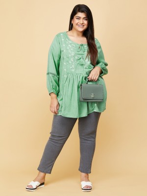 MAX Casual Embroidered Women Green Top