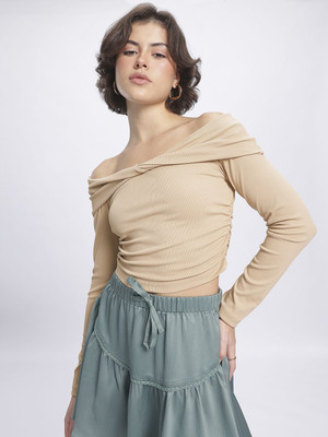 Glitchez Casual Solid Women Beige Top